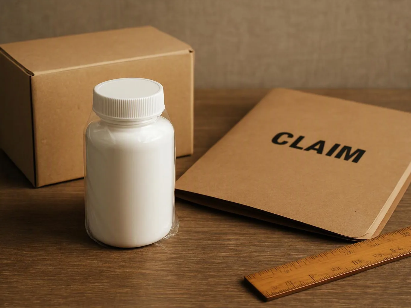 A white pill bottle stands beside cardboard boxes, a claim folder, and a wooden ruler on a table