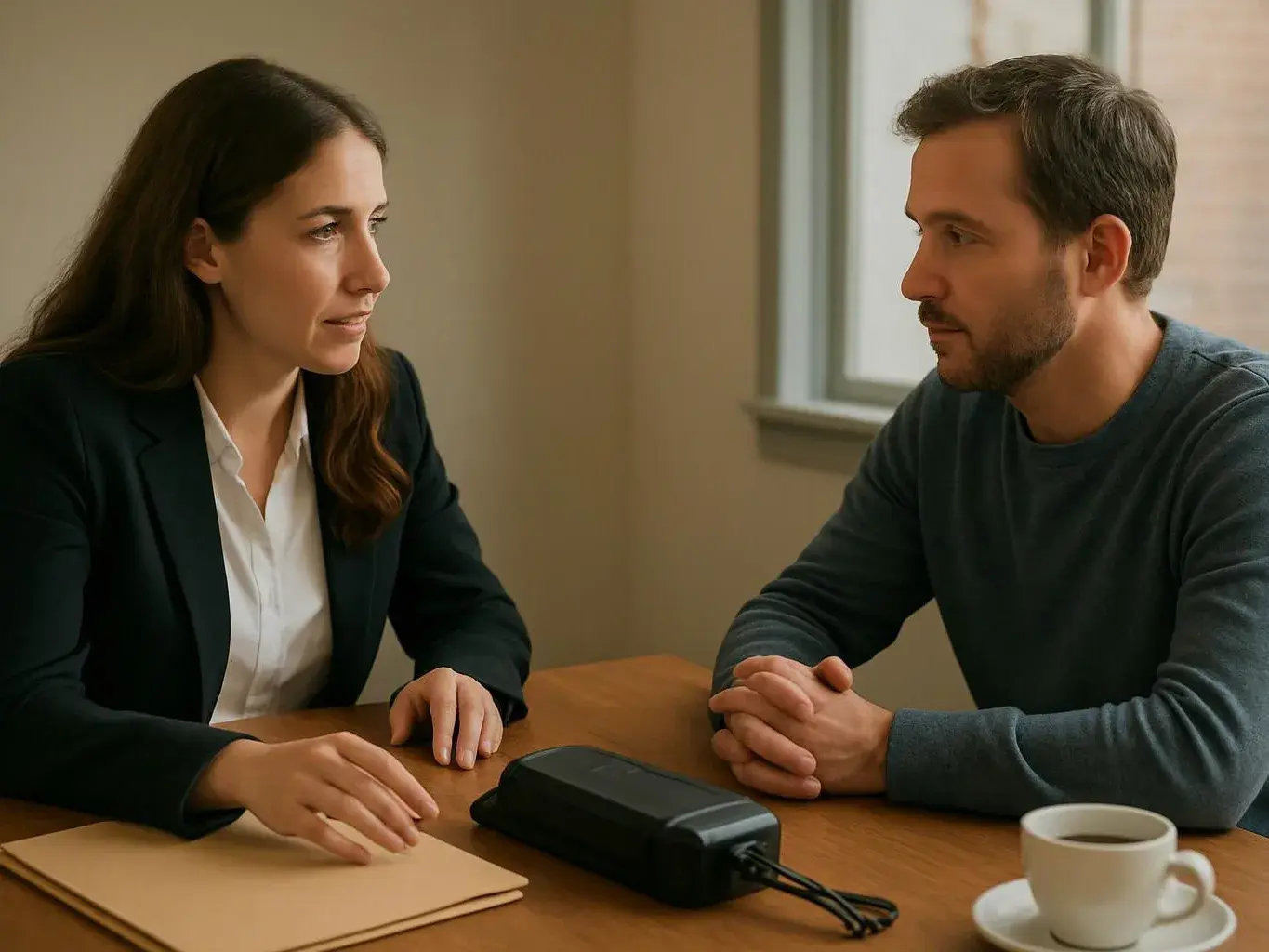 A woman in a blazer and a man sit across a table, talking beside a cup, papers, and a small device