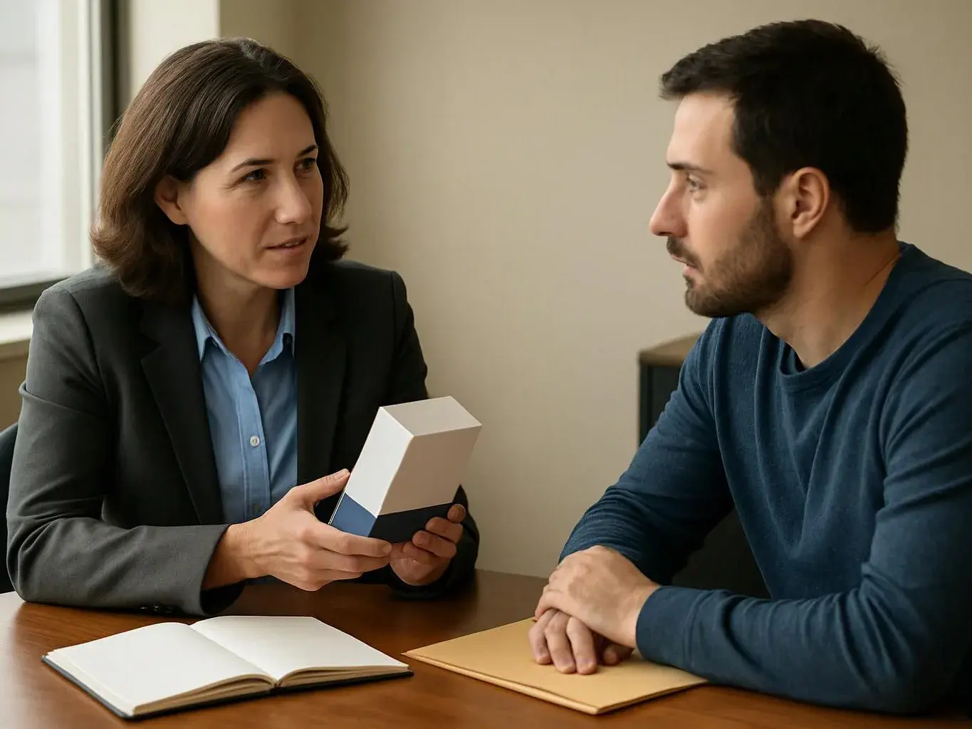 A woman in a blazer shows a white box to a seated man across a table with notebooks in an office