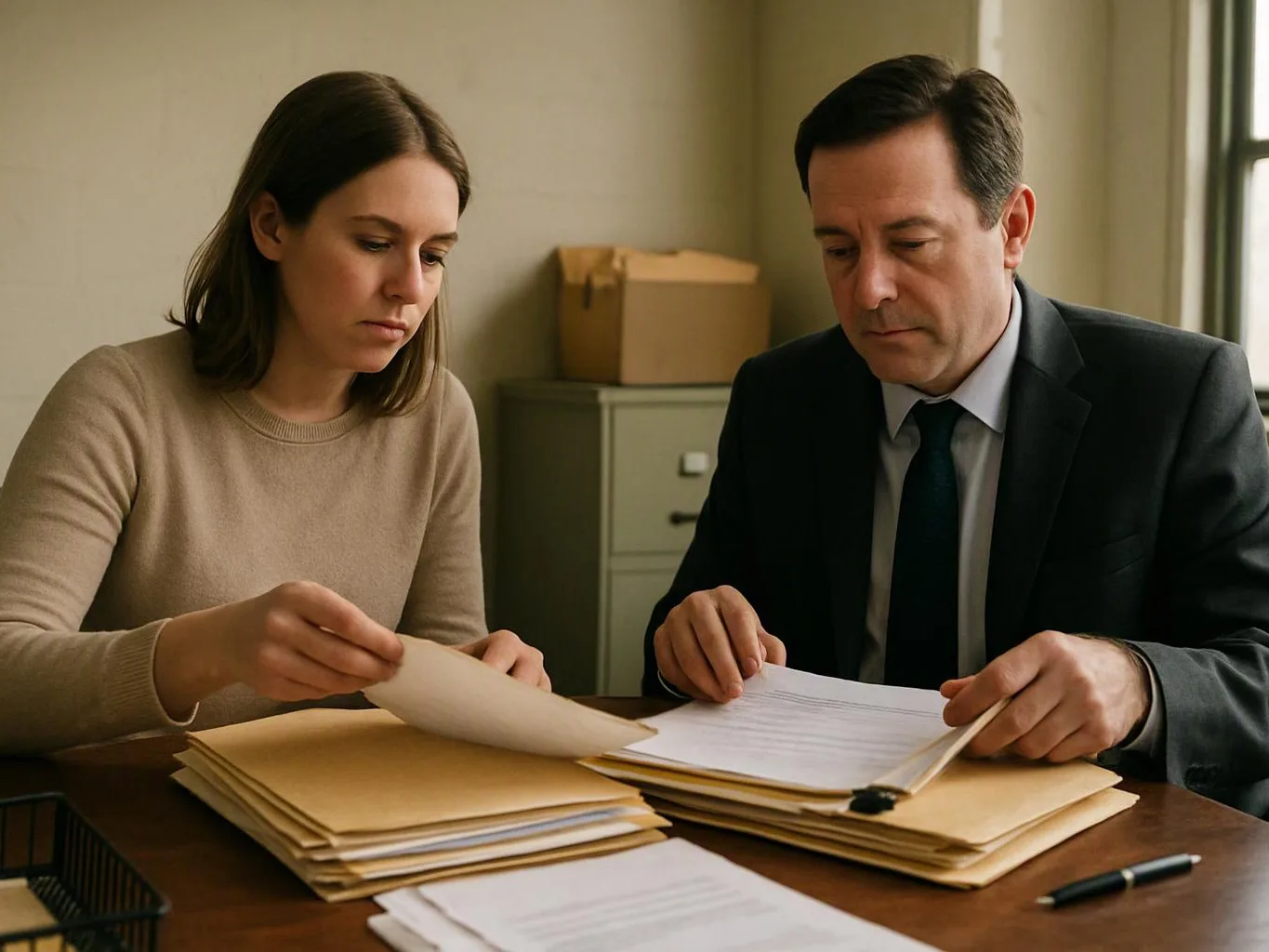 A woman and a man in business clothes review stacks of paper folders at a desk in an office
