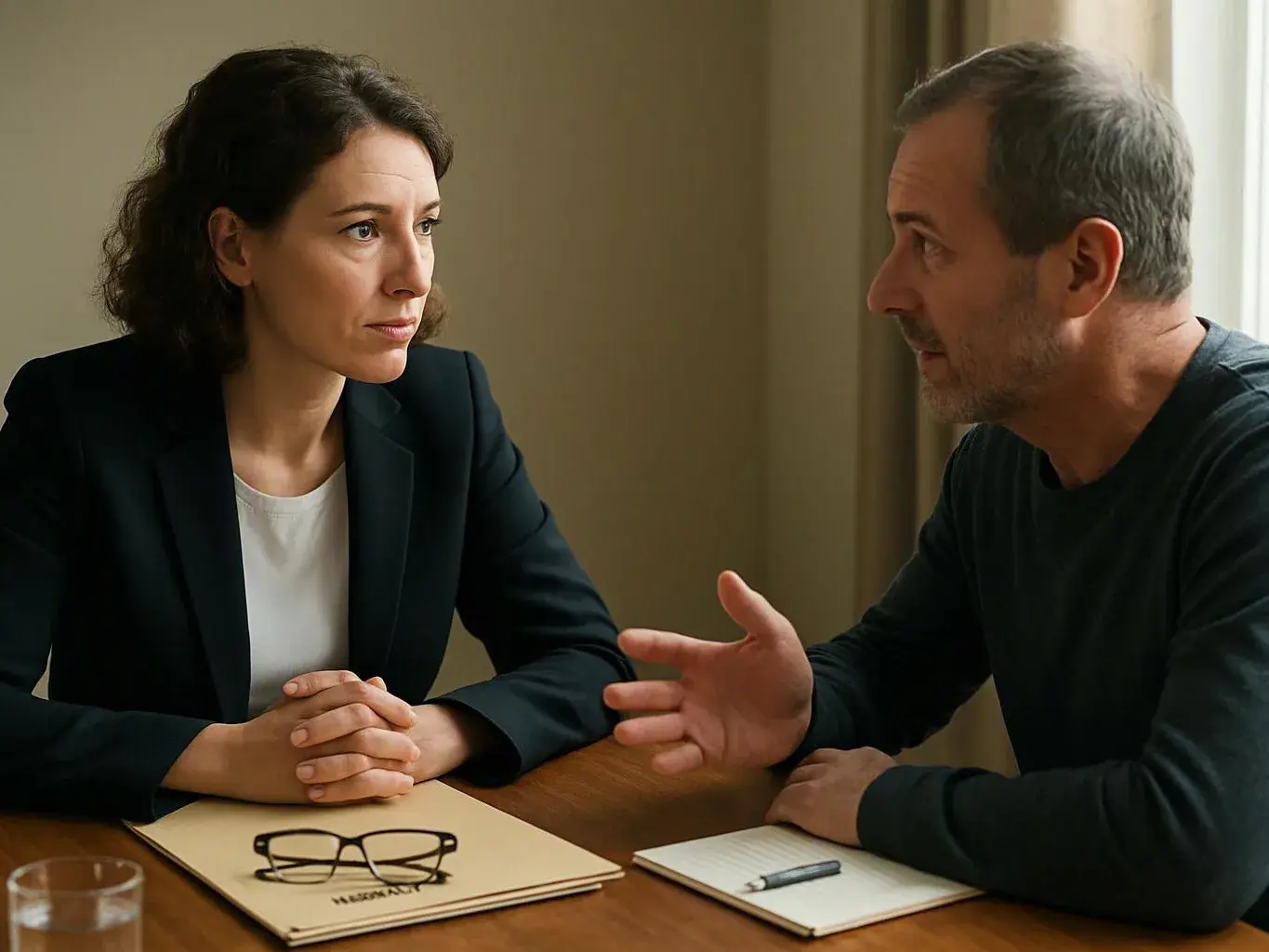 A woman and a man sit at a table in a quiet room, talking over notebooks and glasses in front of them