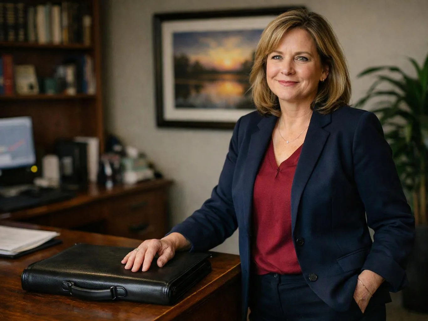A woman in a navy blazer stands in an office beside a desk with a black briefcase