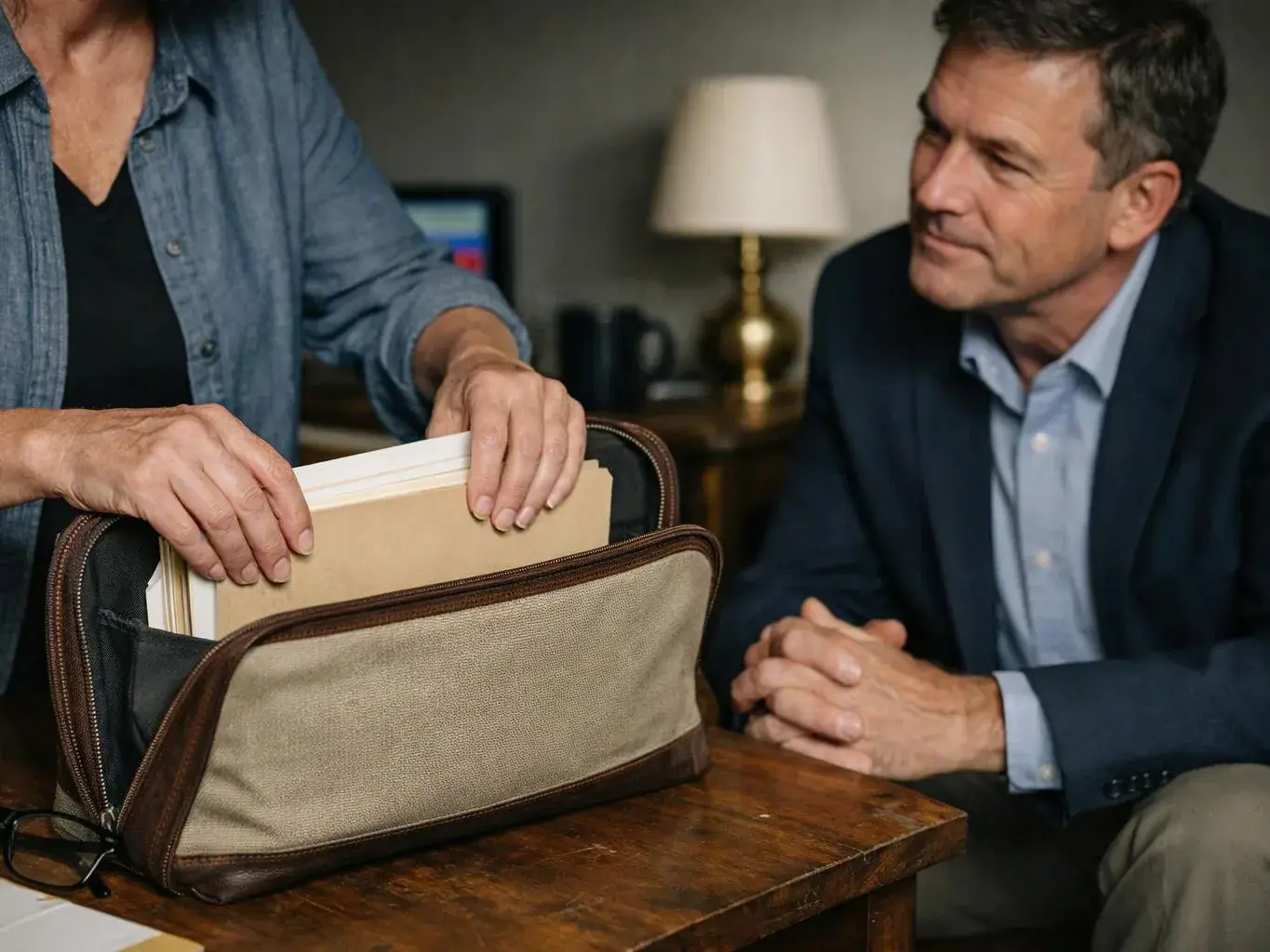 A woman packs files into a zippered bag while a man watches at a wooden table indoors