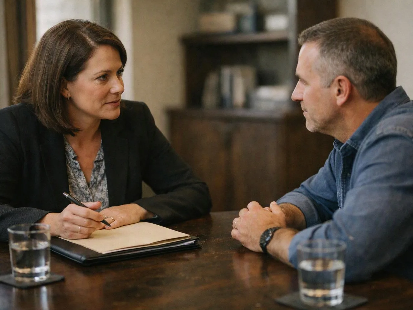 A woman with a pen speaks to a man across a table in a meeting room