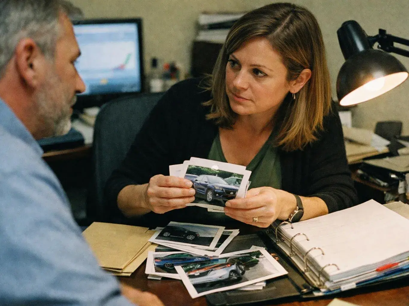 A woman shows car photos to a man across a desk in a dim office