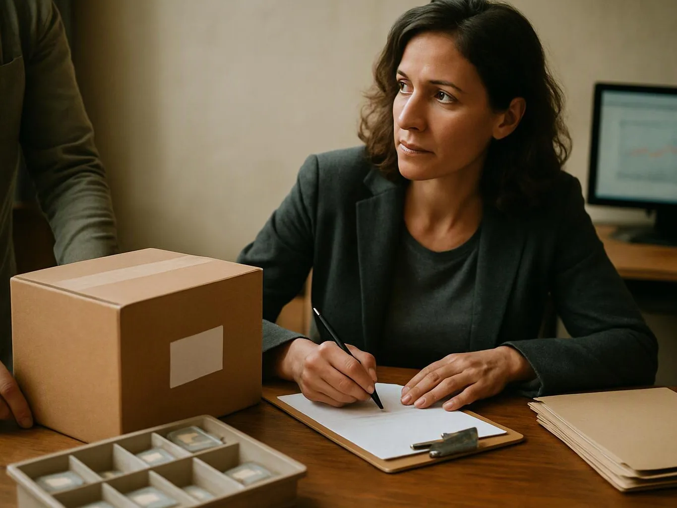 A woman writes on a clipboard beside a cardboard box and stacked folders at a desk