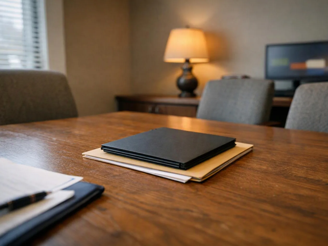 A wooden conference table holds stacked folders, with chairs, a lamp, and a computer in the background