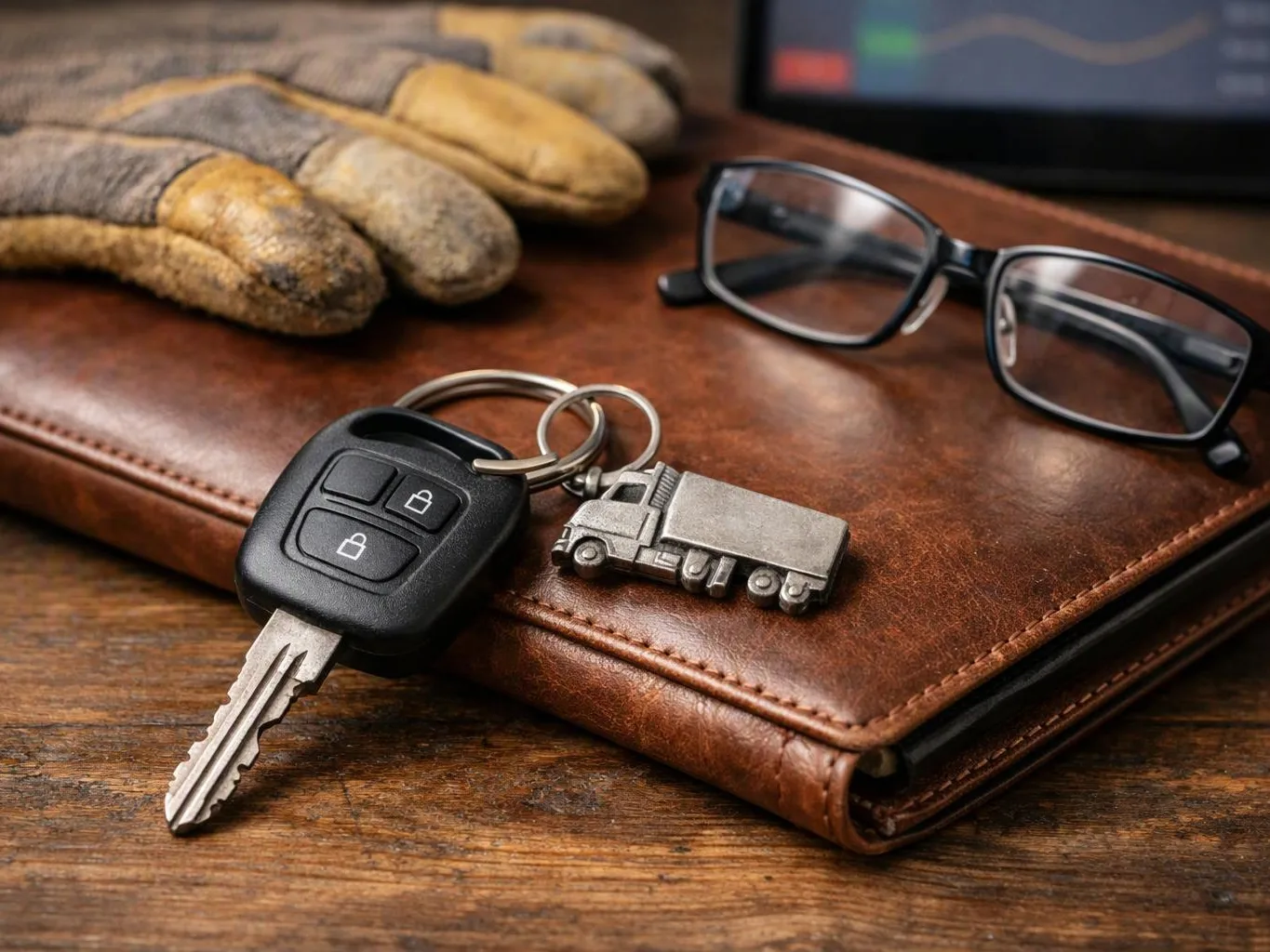 Work gloves, eyeglasses, a car key, and a truck keychain rest on a brown leather wallet on a wooden table