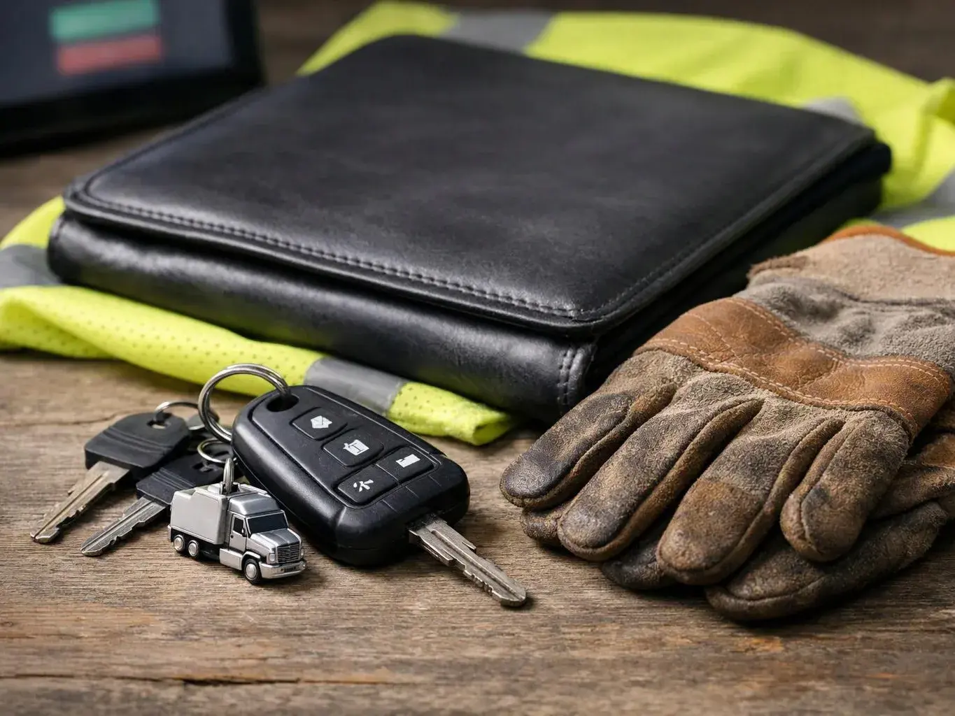 Work gloves, a key fob with keys, and a black wallet rest on folded hi-vis clothing over a wooden surface