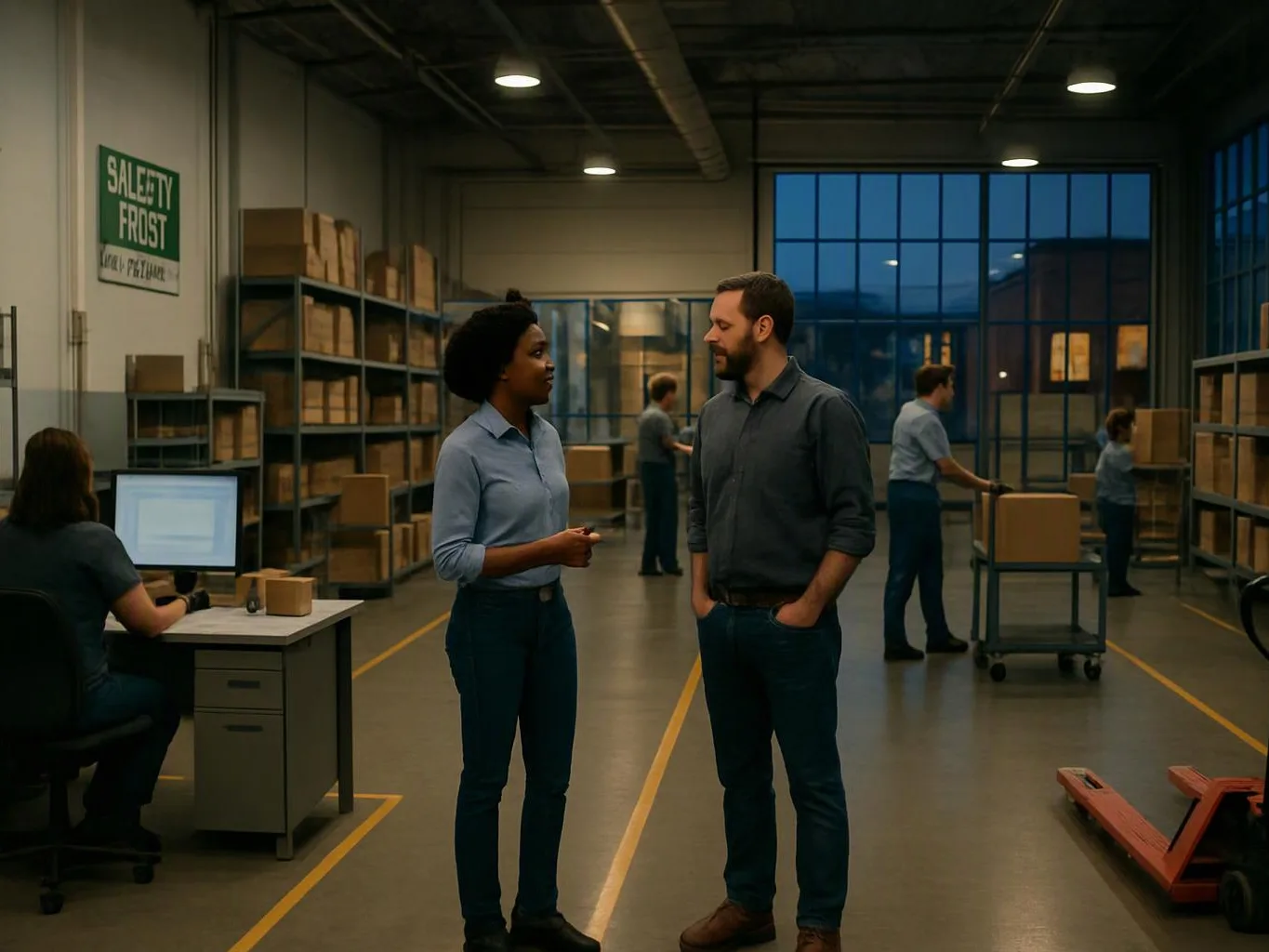 Workers talk in a warehouse aisle beside stacked boxes, desks, and tall windows at dusk