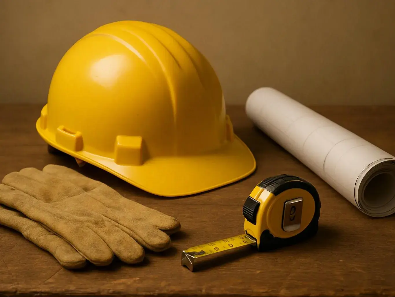 A yellow hard hat, work gloves, a tape measure, and rolled plans sit on a wooden table